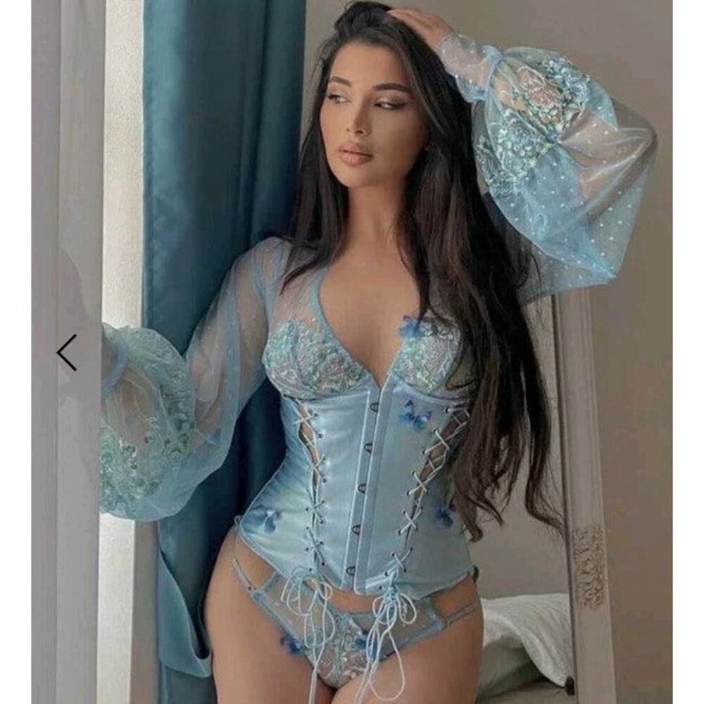 Madame X Blue Butterfly Embroidered Corset Lingerie Set Sheer Mesh Fairy Boudoir